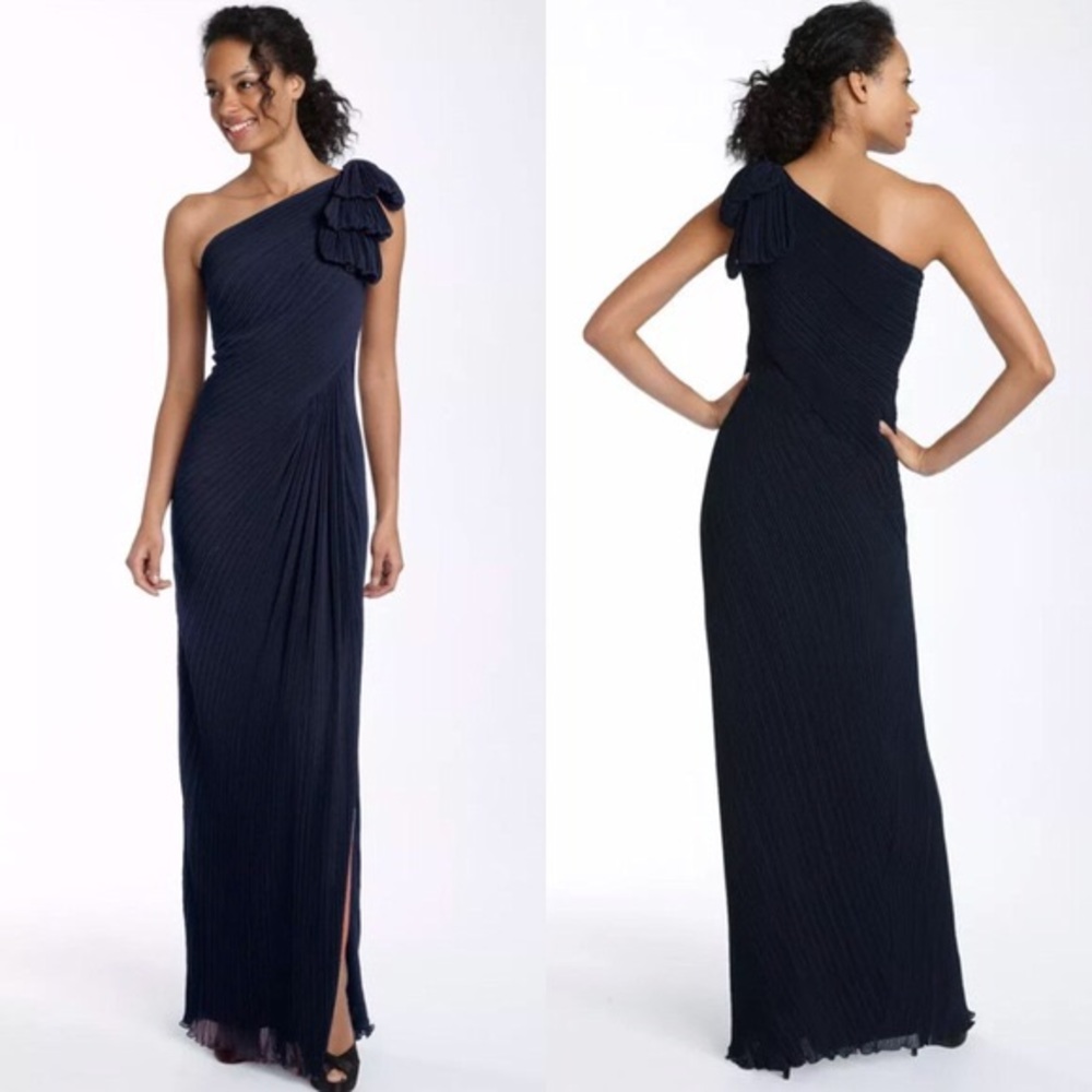 Tadashi Shoji Navy Pleated One Shoulder Bow Dress
